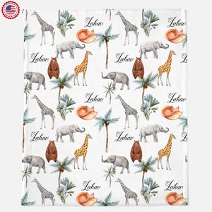 Personlig babyfilt, djursafarifilt, anpassad babyfilt, Minky babyfilt, babypresent, babyshowerpresent, anpassad matchande kudde bild 2