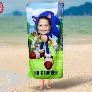 Toalha de praia Sonic the Hedgehog, toalhas de rosto com fotos personalizadas/cobertor de quadrinhos/fronha, presente do Sonic, presente para festa na piscina, lembrancinha de festa, decoração para casa do Sonic