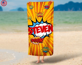 Personalized Superhero Kids Name Beach Towel ,Custom Baby Gift,30x60 Beach Towel,Custom Beach Towel,Baby Shower Gift, Kids Beach Towel