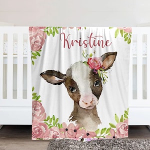 Baby Cow Personalized Baby Blanket, Baby Blanket, Name Baby Blanket, Baby Gift, Baby, Cow Floral Nursery Blanket, Custom Matching Pillowcase