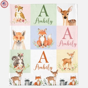 Woodland Animal Personalized Baby Blanket, Baby Blanket, Name Baby Blanket, Baby Gift, Floral, Gift for Kids, Blanket Girl, Nursery Blanket