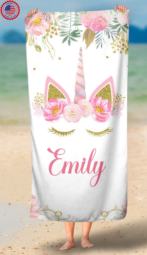 Personalized Beach Towel With Name - Custom Pink Gold Glitter Towel 30x60" Sand Resistant