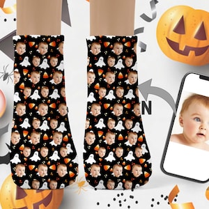 Personalized Kids Socks, Halloween Face Socks, Halloween Gift For Kids,Spooky Halloween Candy Cane Socks,Trick or Treat Party Favor for Kids