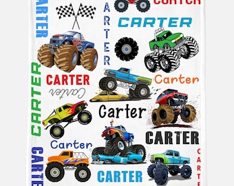 Personalized Monster Trucks, Monster Trucks Name Blanket, Custom Baby Name Blanket, Birthday Gift Idea, Matching Pillowcase