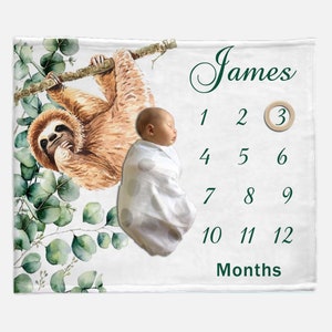 Sloth Milestone Baby Blanket - Jungle Animal Baby Blanket- Personalized Baby Boy Milestone Blanket, Minky Baby Blanket, Toddler Blanket