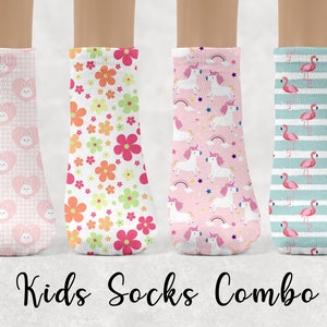 May include: Four pairs of colorful kids socks with different patterns. The socks feature pink and white gingham with bunny rabbits, pink and white with colorful flowers, pink and white with unicorns and rainbows, and blue and white with pink flamingos.