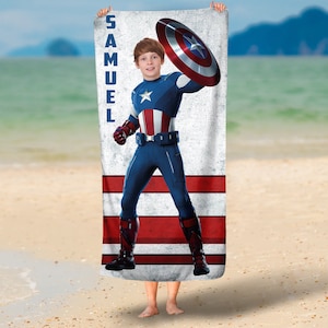 Personalized Super Hero Captain America towel/ Photo personalized face beach towel, Super Hero photo face towel, Super Hero Pool party gift,