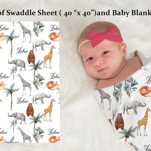 Personlig babyfilt, djursafarifilt, anpassad babyfilt, Minky babyfilt, babypresent, babyshowerpresent, anpassad matchande kudde Combo(sheet&Blanket)