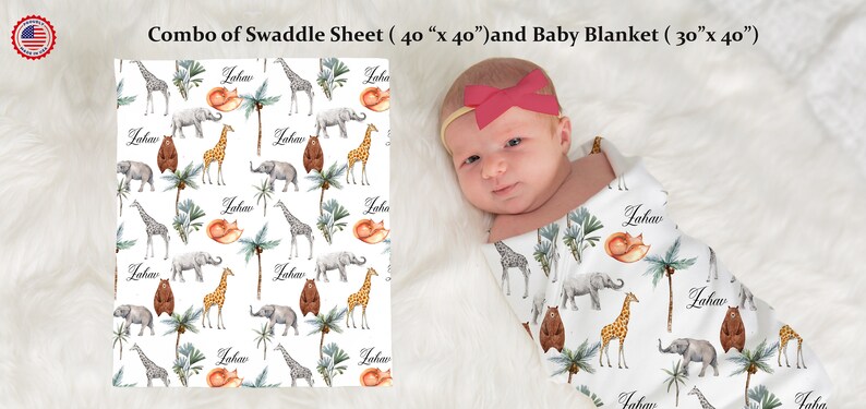 Personlig babyfilt, djursafarifilt, anpassad babyfilt, Minky babyfilt, babypresent, babyshowerpresent, anpassad matchande kudde Combo(sheet&Blanket)