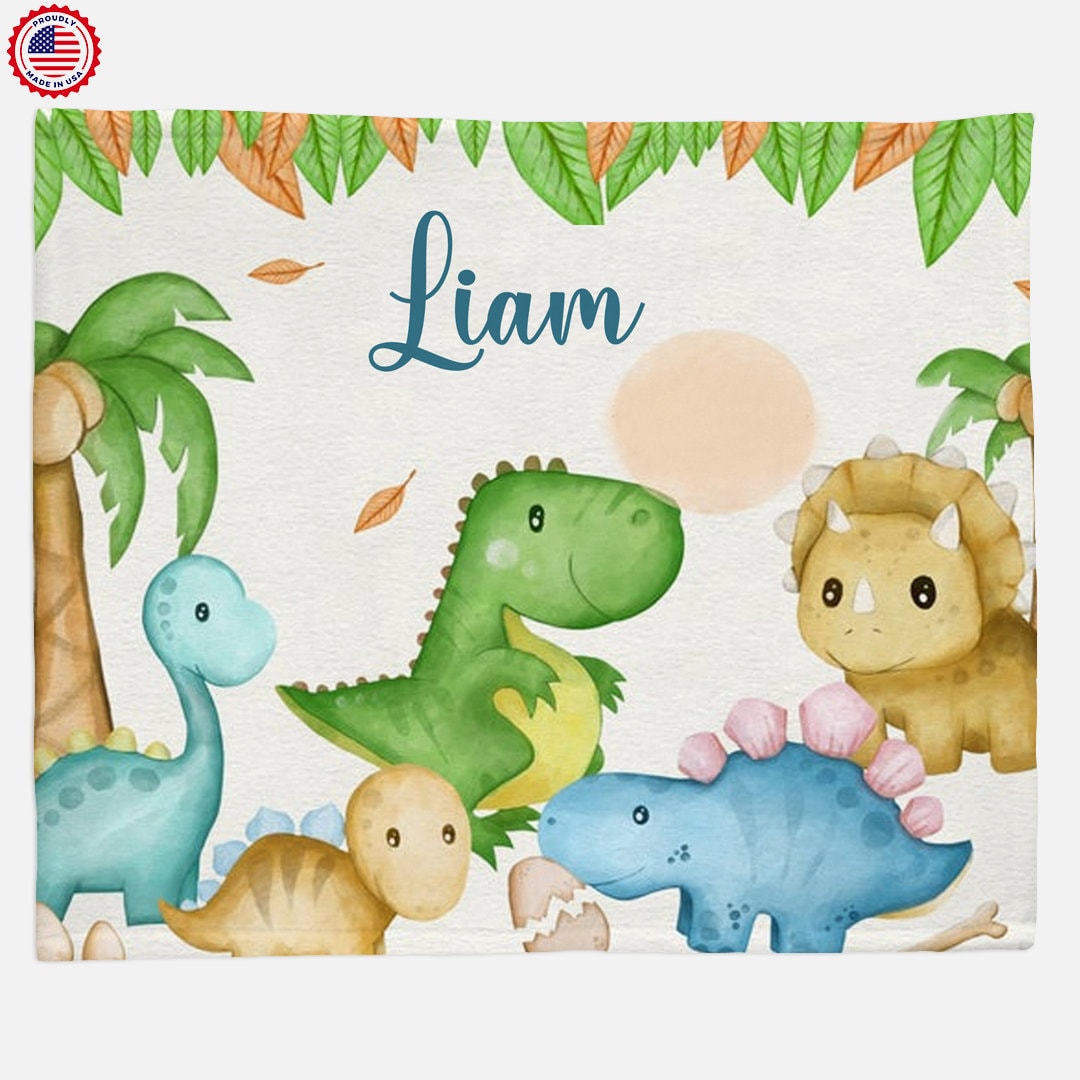 Personalized Dino Name Baby Blanket, Cute Dinosaur Baby Blanket