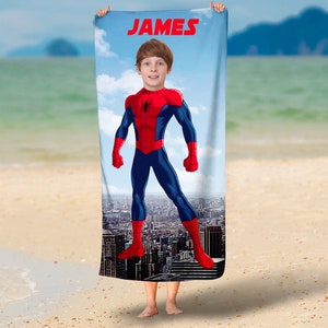 Face Super Hero towel/ Photo personalized Beach Towel/Custom photo face towels/Super Hero Blanket/Pillowcase, Pool party gift, Part Favor