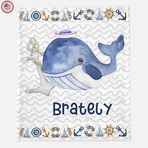 Personalized Whale Blanket ,Nautical Throw Blanket ,Sailboat Whale Tugboat Pattern Blanket Custom Name Blanket Matching Pillowcase