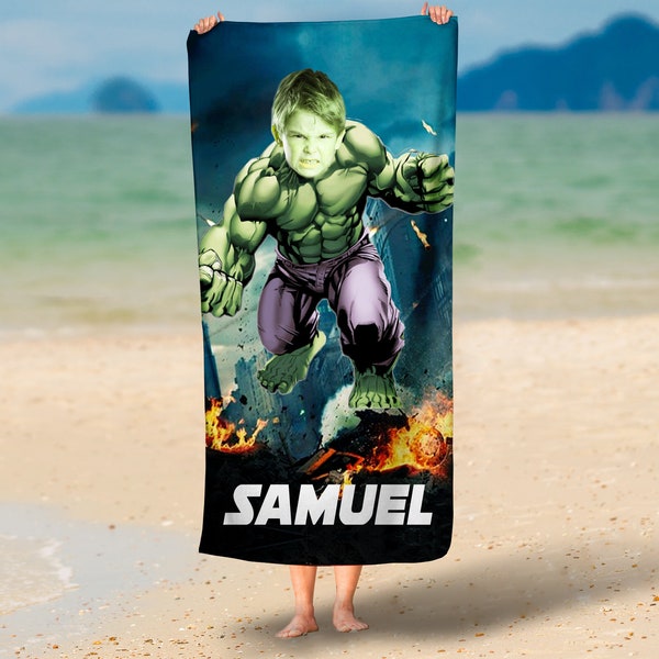 Personalized Super Hero Hulk towel/ Photo personalized face beach Blanket,Custom photo face towels,Super Hero beach towels,Pool party Pillow