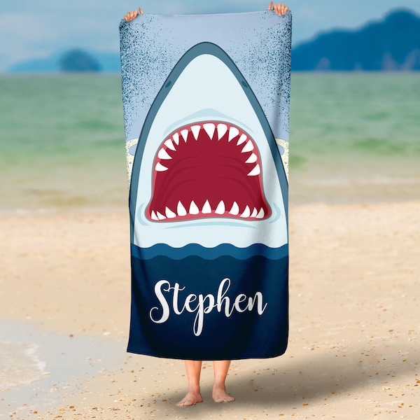 Personalized Shark Jaws Baby Name Beach Towel ,Custom Baby Gift,30x60 Beach Towel,Custom Beach Towel,Baby Shower Gift, Kids Beach Towel