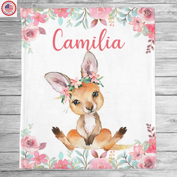 Floral Baby Kangaroo Baby Name Blanket, Baby Blanket, Name Baby Blanket, Baby Gift, Kangaroo Nursery Blanket, Custom Matching Pillowcase