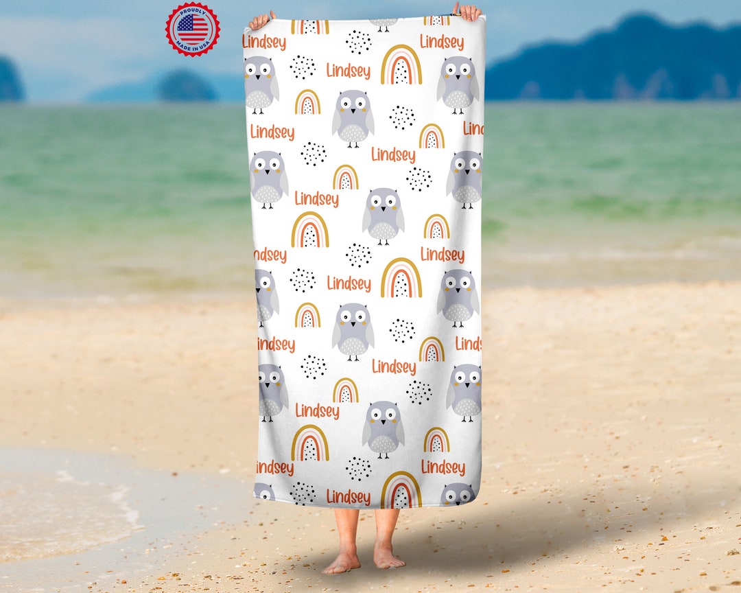 Personalized Owl Name Beach Towel ,custom Owl Boho Beach Towel, Kids