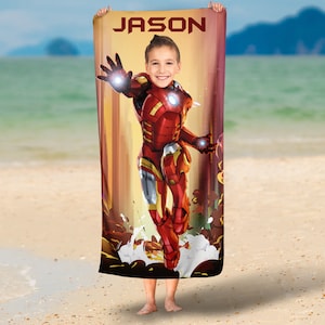 Personalized Super Hero Iron Man towel/ Photo personalized face blanket, Super Hero beach photo face towels,Super Hero Pool party Pillowcase