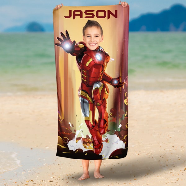 Personalized Super Hero Iron Man towel/ Photo personalized face blanket, Super Hero beach photo face towels,Super Hero Pool party Pillowcase