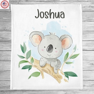 Cobertor com nome de coala para bebê, cobertor de animal personalizado, cobertor de bebê personalizado, presente de bebê minky, presente de chá de bebê, travesseiro combinando personalizado