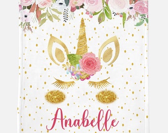 Personlig enhörningsblommig babyfilt, babyfilt, babyfilt, anpassad Minky-flickfilt, babyshowerpresent, anpassat matchande örngott