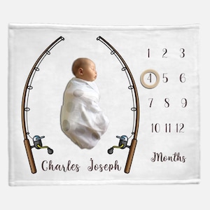 Baby Milestone Blanket Boy Fishing Pole -Personalized Month Growth Track, Personalized Minky Baby Blanket,Toddler Blanket, Fishing Blanket