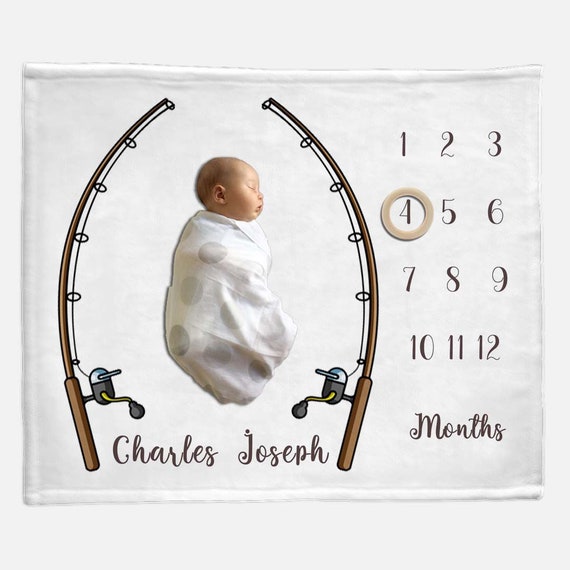 Baby Milestone Blanket Boy Fishing Pole personalized Month Growth