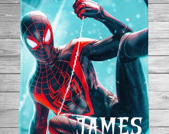 Gepersonaliseerde superhelddeken-aangepaste Miles Morales-deken - superheld babynaamdeken, bijpassend kussen-superheld aangepaste kussensloop
