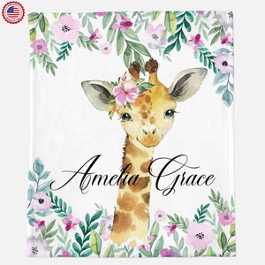 Giraffe Personalized Baby Girl Blanket, Baby Blanket, Name Baby Blanket, Baby Gift, Baby, Giraffe Floral Blanket, Custom Matching Pillowcase