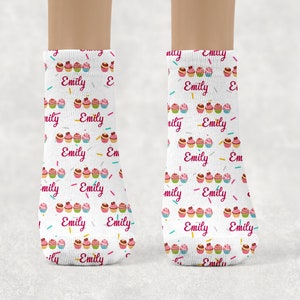 Custom Name Kids Socks -Personalized Kids Socks -Birthday Cupcake, Balloon and Cake Socks, Birthday Favor, Toddler Birthday Theme Socks