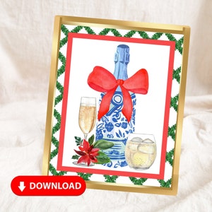 一杯の応援サイン、青と白のクリスマスデコレーション、シャンパンギフト、ホリデーバーカート、印刷可能なクリスマスカクテルプリント、バーカートアート