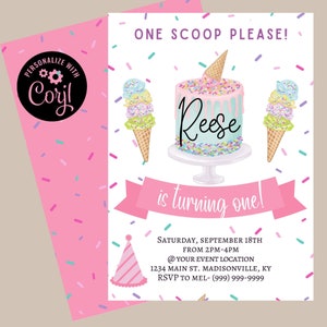 Ice Cream First Birthday Invitation, Printable 1st Birthday Invite, First Birthday Invitation for Girls, Ice Cream Birthday Party Invitation