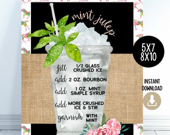 Mint Julep Recipe Printable, Floral Mint Julep, Derby Party Printable, Derby Party Decor, Bar Cart Decor, Derby Theme Bridal Shower, Recipe