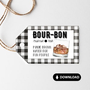 Printable Bourbon Tag, Bourbon Gift for Men, Magic Brown Water, Hostess Gift Idea, Bourbon Party Favor, Cocktail Gift, Whiskey Rocks Glass image 1