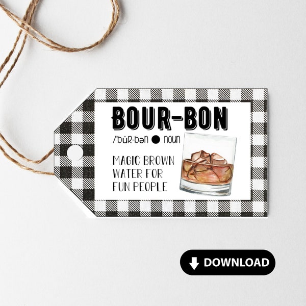 Printable Bourbon Tag, Bourbon Gift for Men, Magic Brown Water, Hostess Gift Idea, Bourbon Party Favor, Cocktail Gift, Whiskey Rocks Glass