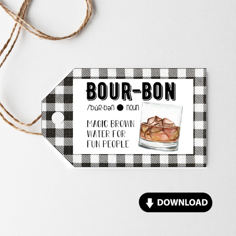 Printable Bourbon Tag, Bourbon Gift for Men, Magic Brown Water, Hostess Gift Idea, Bourbon Party Favor, Cocktail Gift, Whiskey Rocks Glass image 1