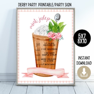 Mint Julep Recipe Printable, Derby Party Printable, Derby Party Decorations, Mint Julep Bar Cart Decor, Derby Theme Bridal Shower, Recipe