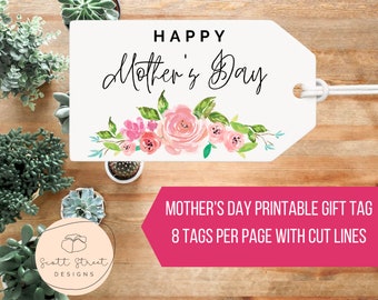 Happy Mother's Day Printable Gift Tag, Watercolor Floral Gift Tag, Mother's Day Present, Digital Download, Mother's Day Tag
