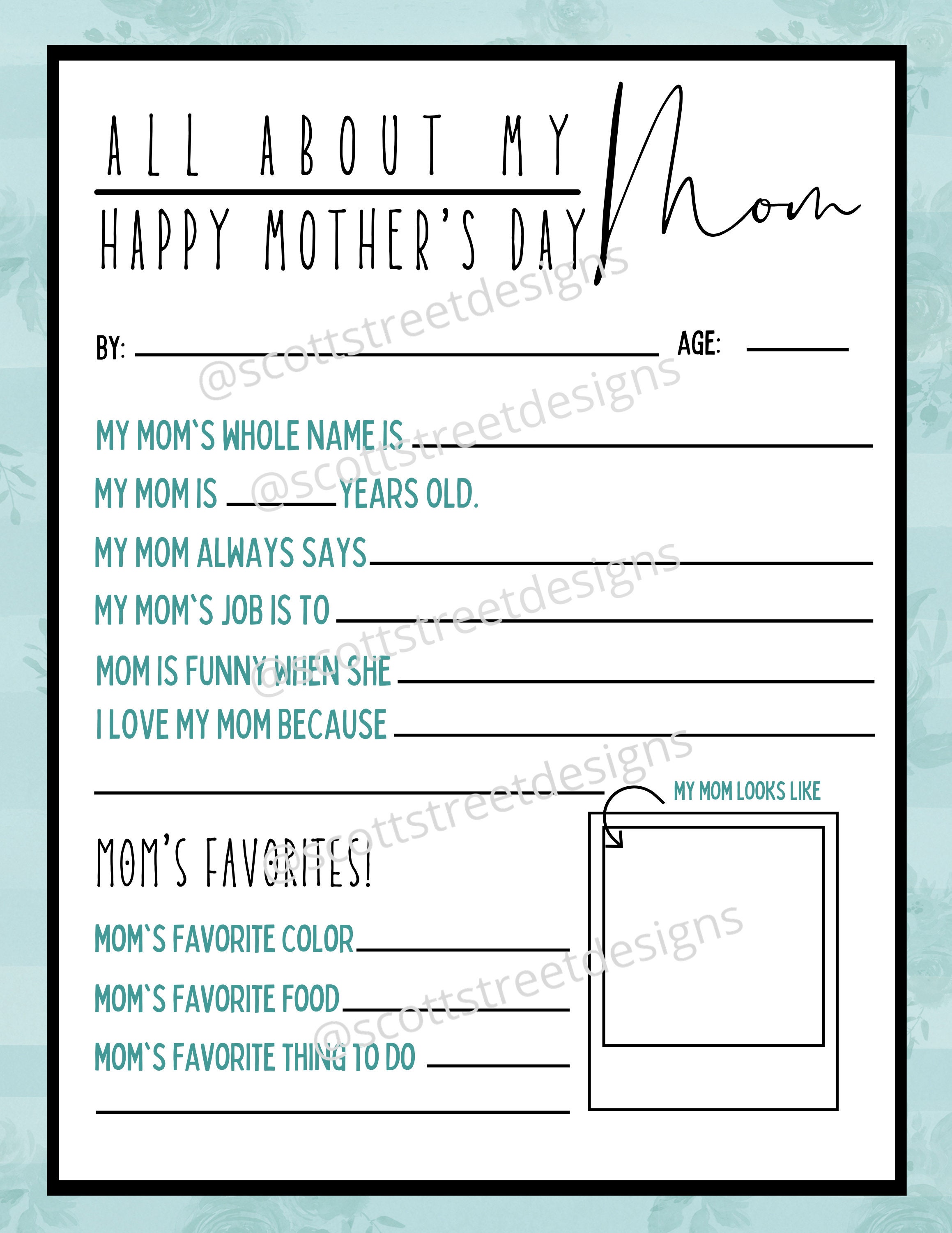 All About My Mom Questionnaire Printable Mother's Day | Etsy