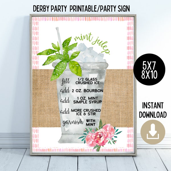 Mint Julep Recipe Printable, Floral Mint Julep, Derby Party Printable, Derby Party Decor, Bar Cart Decor, Derby Theme Bridal Shower, Recipe