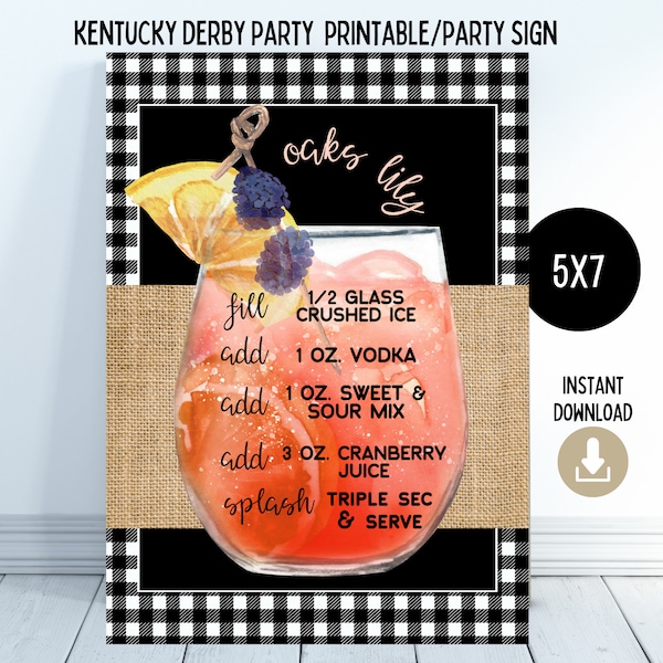 Oaks Lily Recipe Printable, Derby Party Printable, Derby Party Decorations, Cocktail Bar Cart Decor, Derby Theme Bridal Shower, Derby Recipe