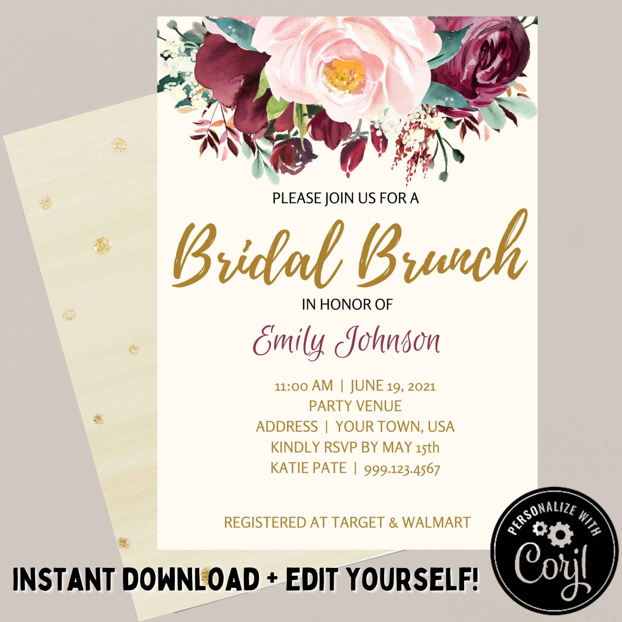 Instant Download Bridal Brunch Invitation Editable Bridal Shower Invitation Floral Bridal Invite Printable Wedding Shower