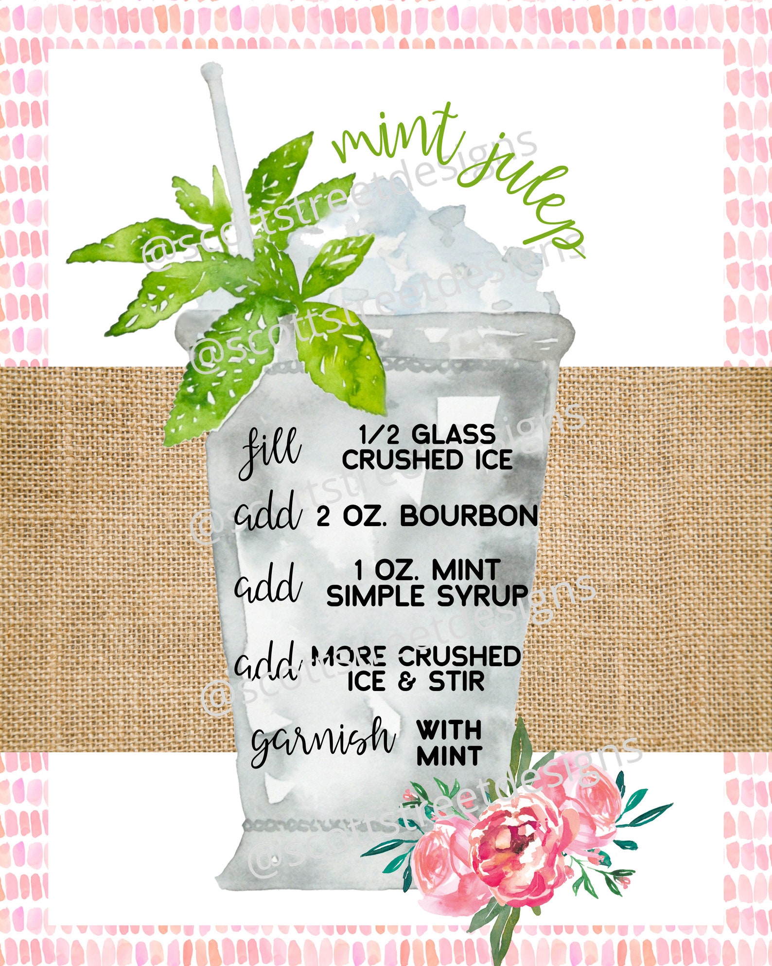 Mint Julep Recipe Printable Floral Mint Julep Derby Party Etsy