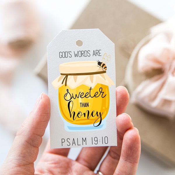 PRINTABLE God's Words Sweeter than Honey PNG, VBS Gift Tag, Sunday School Gifts for Kids, Bible Verse Gift Tag, Honey Gifts, Bee Favor Tags