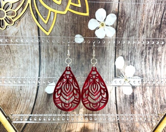 Red, Mirrored Acrylic, Teardrop Earring with Filigree Design, Teardrop Earrings, Red Earrings, Red Teardrop, Mirror Earrings