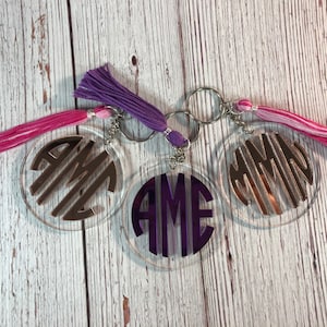 Monogrammed Keychain, Initials, Mirrored Acrylic with leather or floss tassel, Name Keychain, Mirror Keychain, Circle Keychain, Multicolored