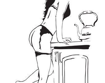 Digital Download, Printable Art - Standing at the Kitchen counter, Standing girl, line drawing.