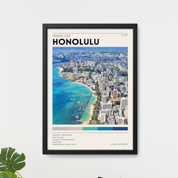 Honolulu Poster / Hawaii Travel Poster / Waikiki Skyline Photography / Vintage City Beach Decor / Retro Minimalist Wall Art / O'ahu Island