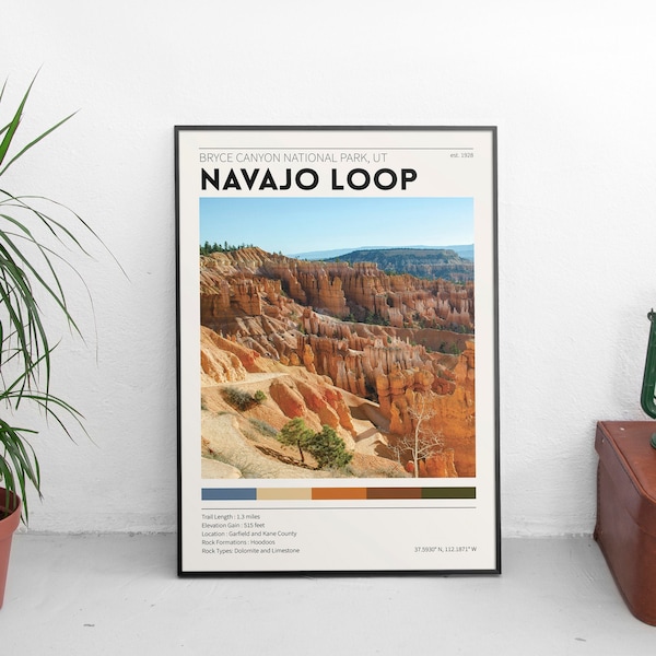 Navajo Loop Trail / Bryce Canyon National Park poster / Vintage Travel Poster / Retro Wall art / Minimalist Home Decor / Utah Photography