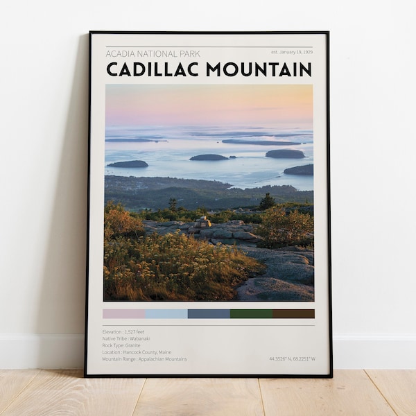 Cadillac Mountain / Acadia National Park / Vintage National Park Poster / Retro Wall Decor / Minimalist Home Decor / Photography Prints