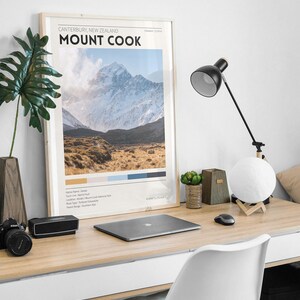 May include: A framed print of Mount Cook in New Zealand, with the text "MOUNT COOK" at the top. The print is on a wooden desk with a black lamp, a laptop, a camera, and a white chair.